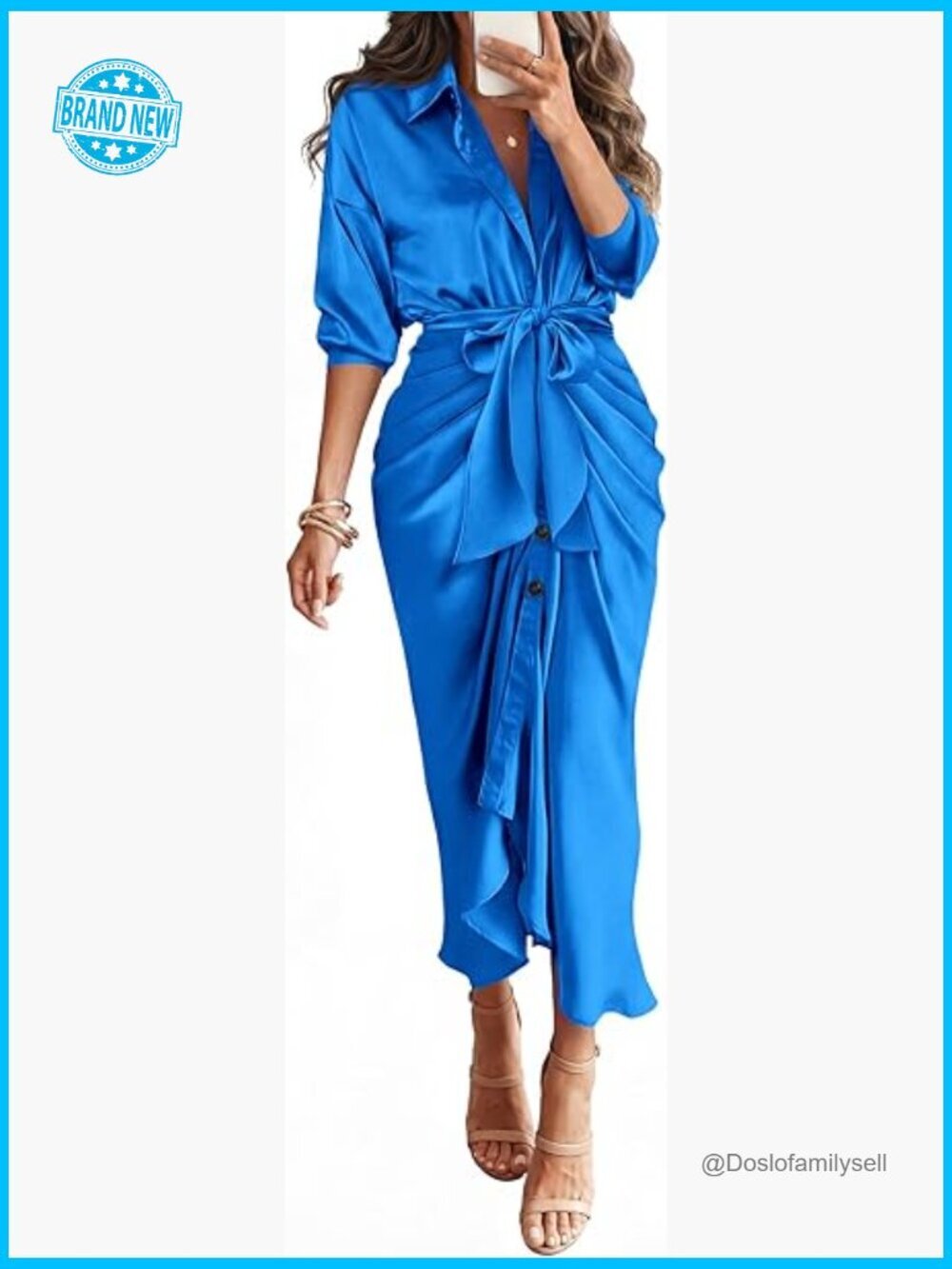 Maxi Dress - Long Sleeve V Neck Button Down Satin Ruched Elegant Party
